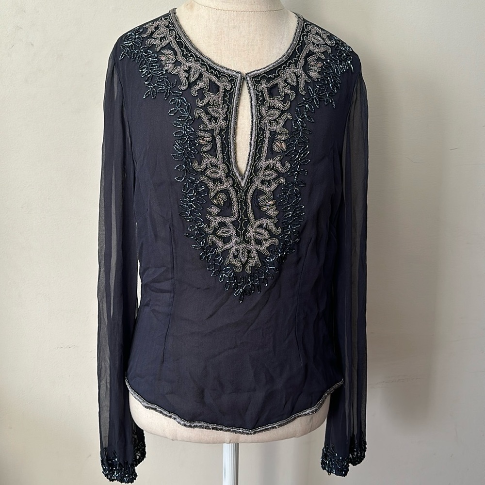 Emma Black Silk Beaded Floral Blouse